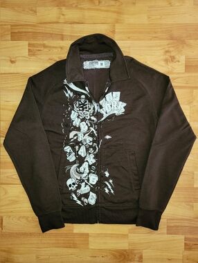 Y2K Zoo York Skater Skulls Graphic, Brown Zip-up Longsleeve Track Jacket, Medium